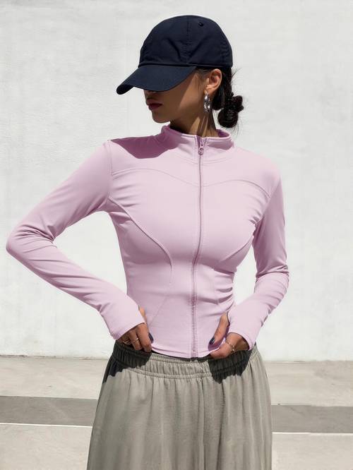 womens long sleeve yoga jacket quick dry sweat wicking sports top stretchy breathable fabric suitable for running cycling pilates gym training solid color versatile casual sportswear sports jacket fashionable sporty style