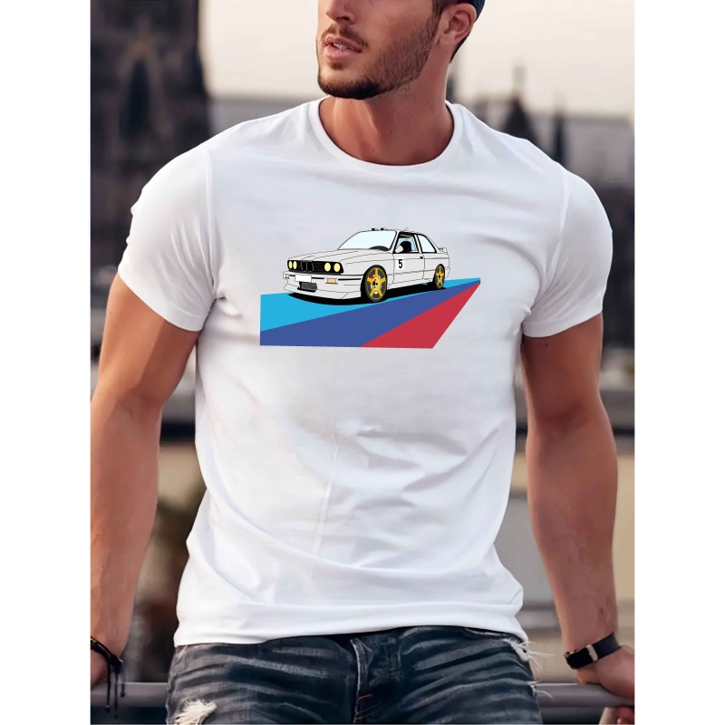 

T-Shirt Homme à Imprimé Voiture - Manches Courtes Décontractées, Polyester Respirant, Lavable en Machine - pour l'Été