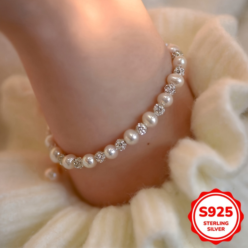 TEMU 6.69g An Ins Elegant S925 Sterling Silvery Freshwater Pearls Bracelet For Mom Fine Gift
