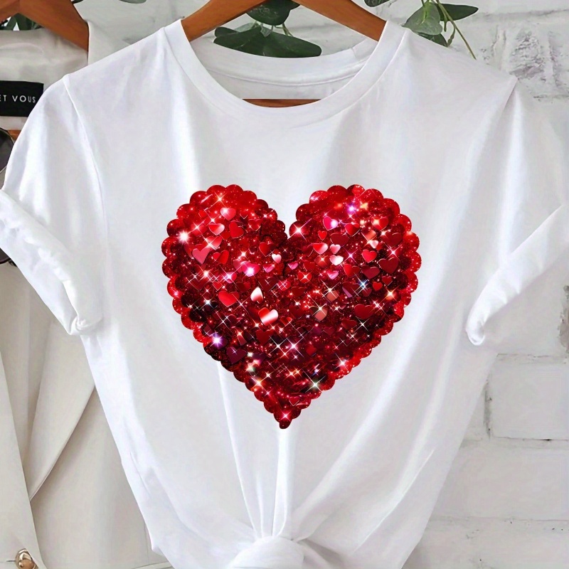 

Women's Casual Crew Neck T-shirt With Red Sequin Heart Graphic, Polyester Knit Fabric, Short Sleeve Top For Spring/summer/fall - 95% Polyester, 5% Elastane, Top| Shirt|machine Washable Top