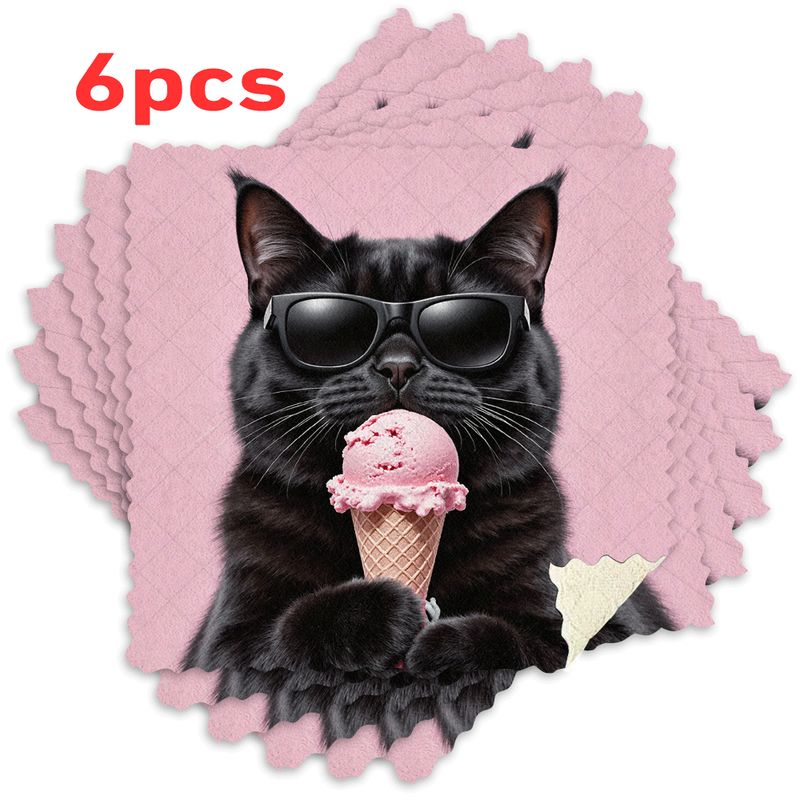 TEMU 3/6pcs Kitchen Dishcloths Featuring Cartoon Cat Designs, Reusable Cleaning Cloths Made Of Microfiber, Absorbent And Easy To Clean, Thick And
