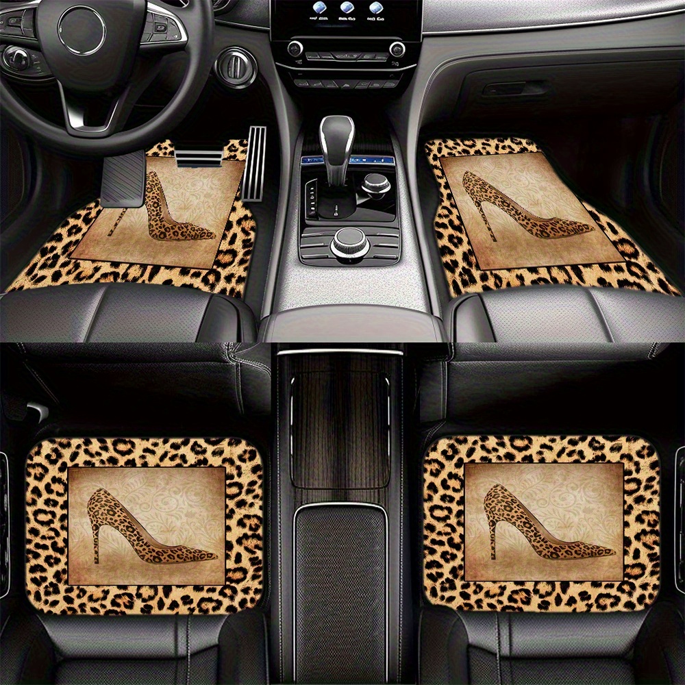 TEMU 4pcs Leopard Tale High Heels Pattern Print Car Floor Mat Set - Front & Rear Full Coverage Auto Interior Accessories, Materials, Stylish Black &