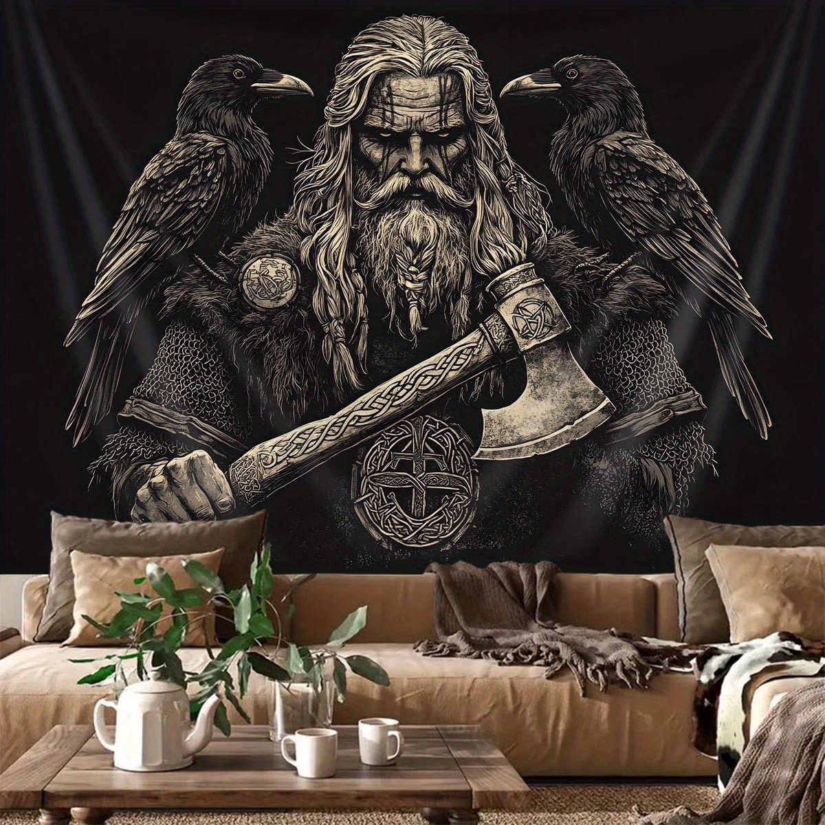 TEMU 1pc Viking-themed Tapestry With And Axe Design - 85gsm, Lightweight Wall Decor For Living Room, Thin Velvet, Indoor Use, Nordic Style Decor