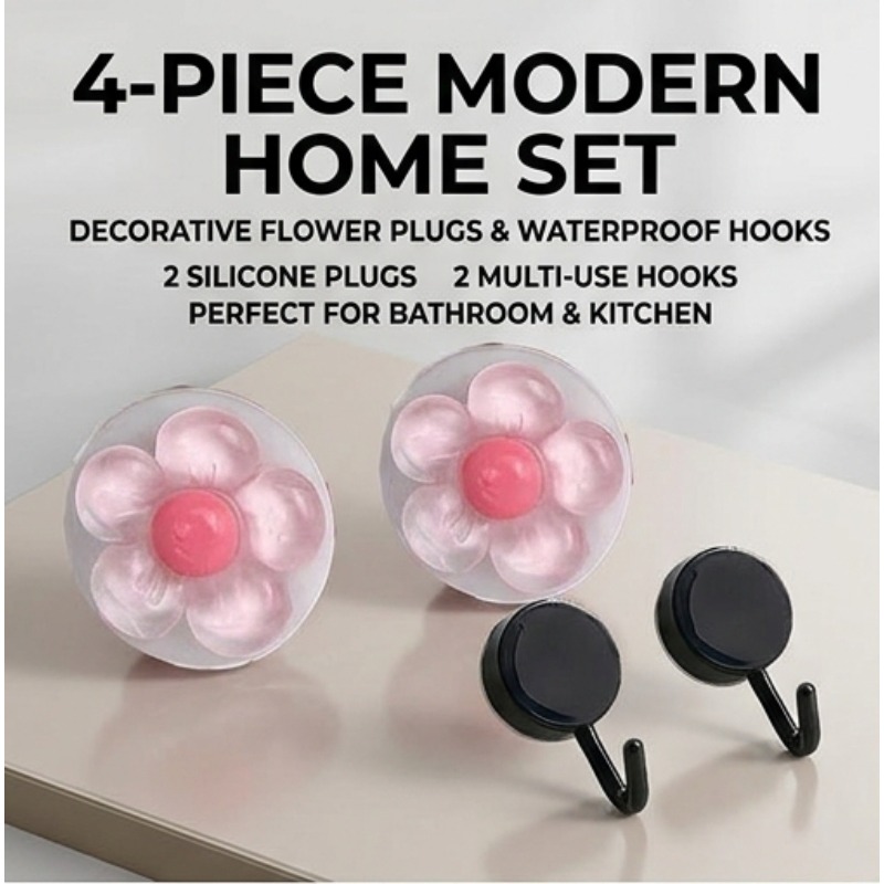TEMU 4pcs (2 Decorative Flower-shaped Silicone Drain Covers + 2 Waterproof Multi-functional Hooks) Leak-proof Basin Overflow Stopper, Suitable For