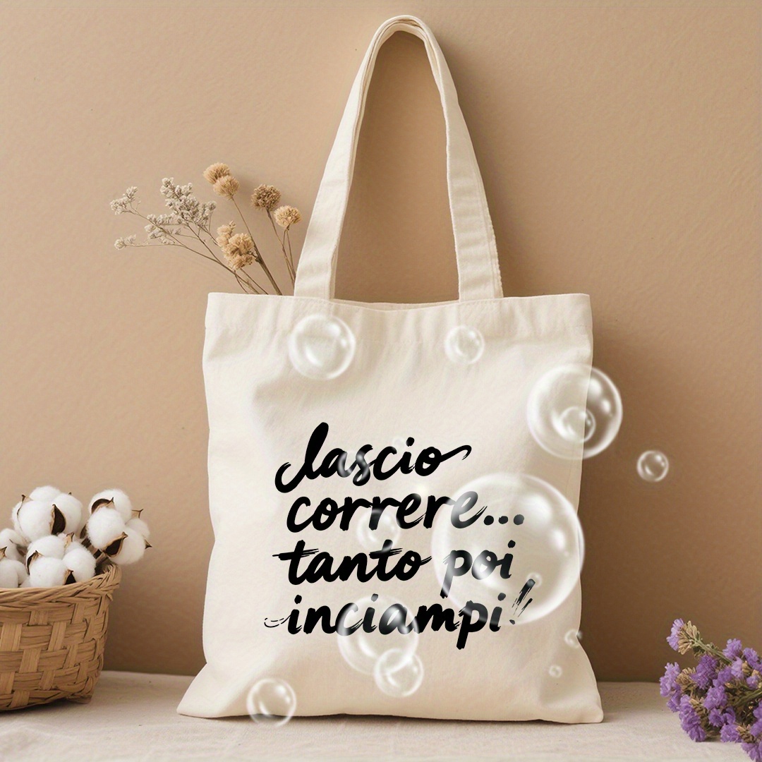 TEMU 1pc, Featuring A Double-sided Print Design. A Canvas Bag With An Italian In A Handwritten Style, Ideal For Grocery Shopping. It Has A Large
