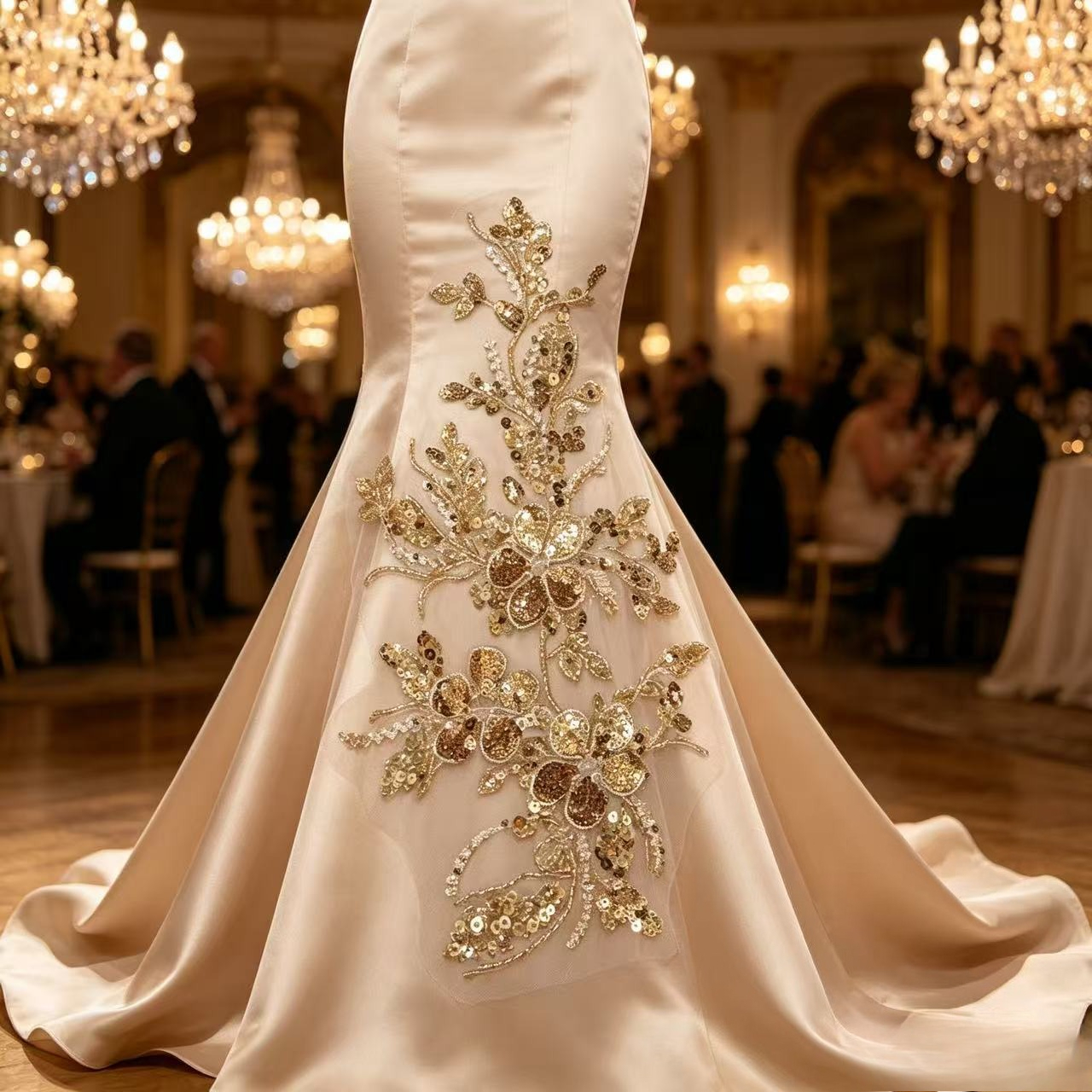 Champagne Golden Sequin Beaded Floral Embroidery Applique for Dresses