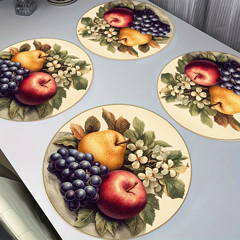TEMU 4pcs Vintage Pear Grape Placemats With Leaf Pattern- 15 Inch Round Durable Table Mats, Beige Background With Red & White Leaves For Kitchen
