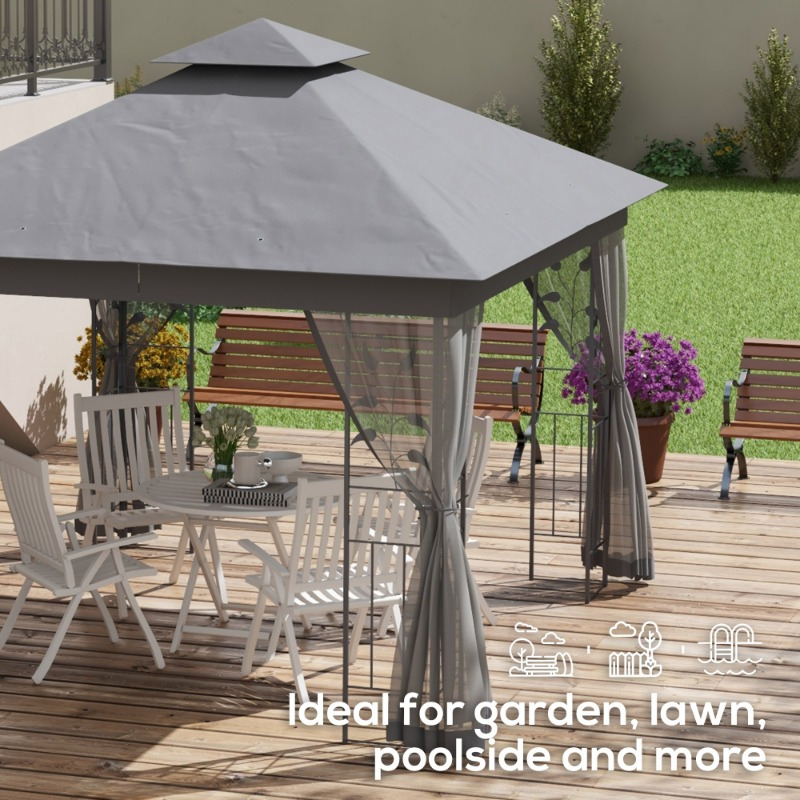 10' x 11.5' Gray Metal Gazebo with Double Roof, Tree Motif Frame and Netting, Durable Outdoor Canopy Shelter for Garden, Lawn, Backyard or Deck.