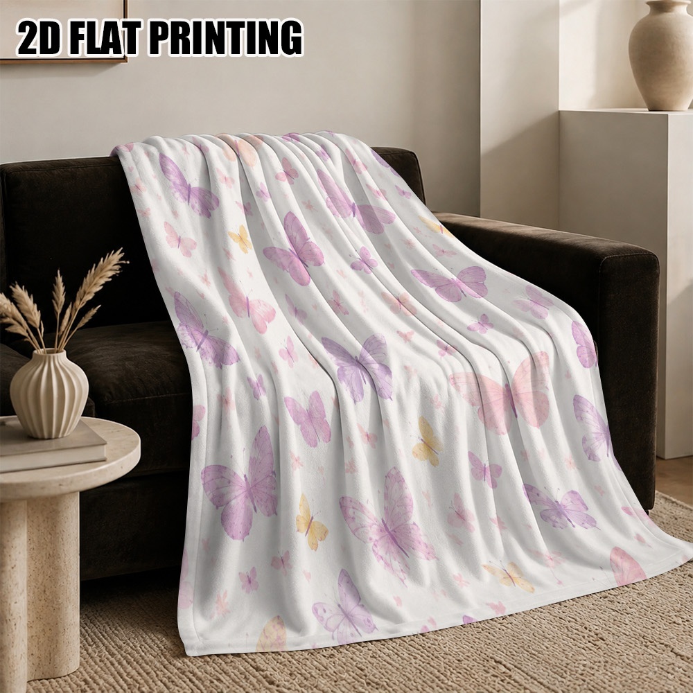 item picture 2d flat printing 1pc cozy flannel throw blanket featuring pastel butterflies lightweight travel blanket for living room and bedroom   2d flat
