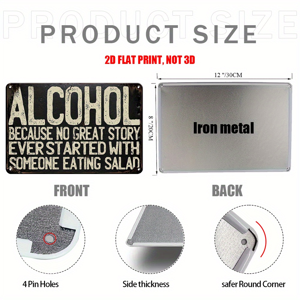 TEMU 2d Flat, 2d Flat Retro Humorous Alcohol Metal Sign, 8 * 12 Inch Metal Decoration Plaque, Black Vintage Wall Art, Multifunctional Wall Decoration