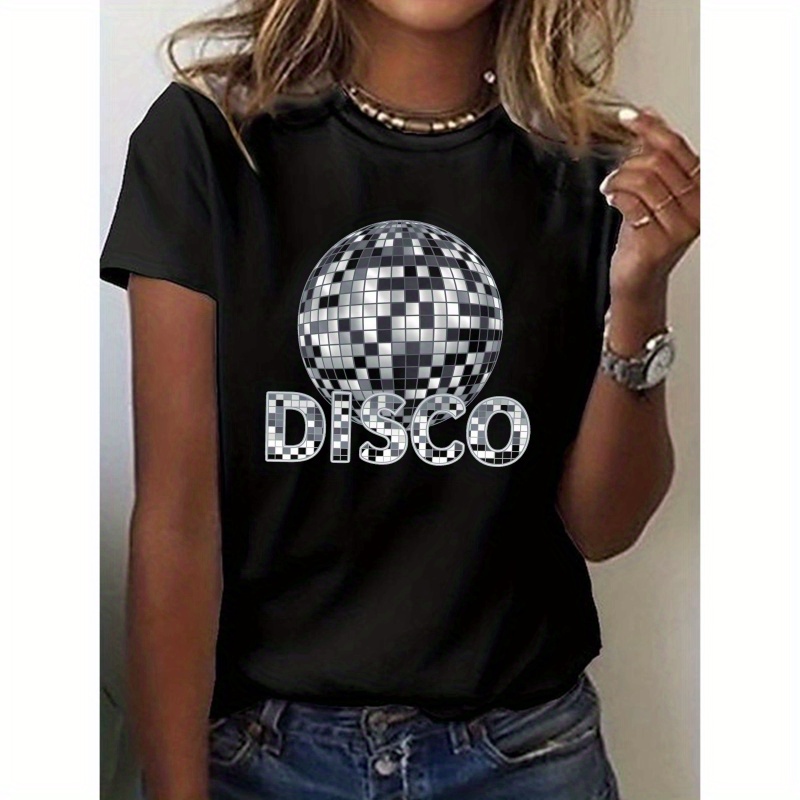 

Reflective Disco Ball Illustration Print T-shirt, Short Sleeve Crew Neck Casual Top For Summer & Spring, Women's Clothing