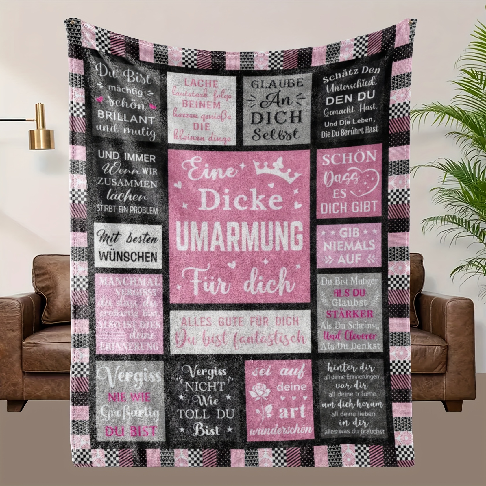 E-shop Kuschelige Flanelldecke im deutschen Stil mit 2D-Flachdruck - , Schwarz und Grau, mit modernen, inspirierenden Zitaten, maschinenwaschbar, ideal