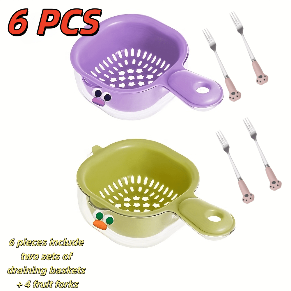 TEMU 6pcs (2 Sets Of Filter Baskets And 4pcs Fruit Forks) Pp Dopamine-colored Fruit Cleaning And Filtering Bowl, Handle- Vegetable Washing Basket,