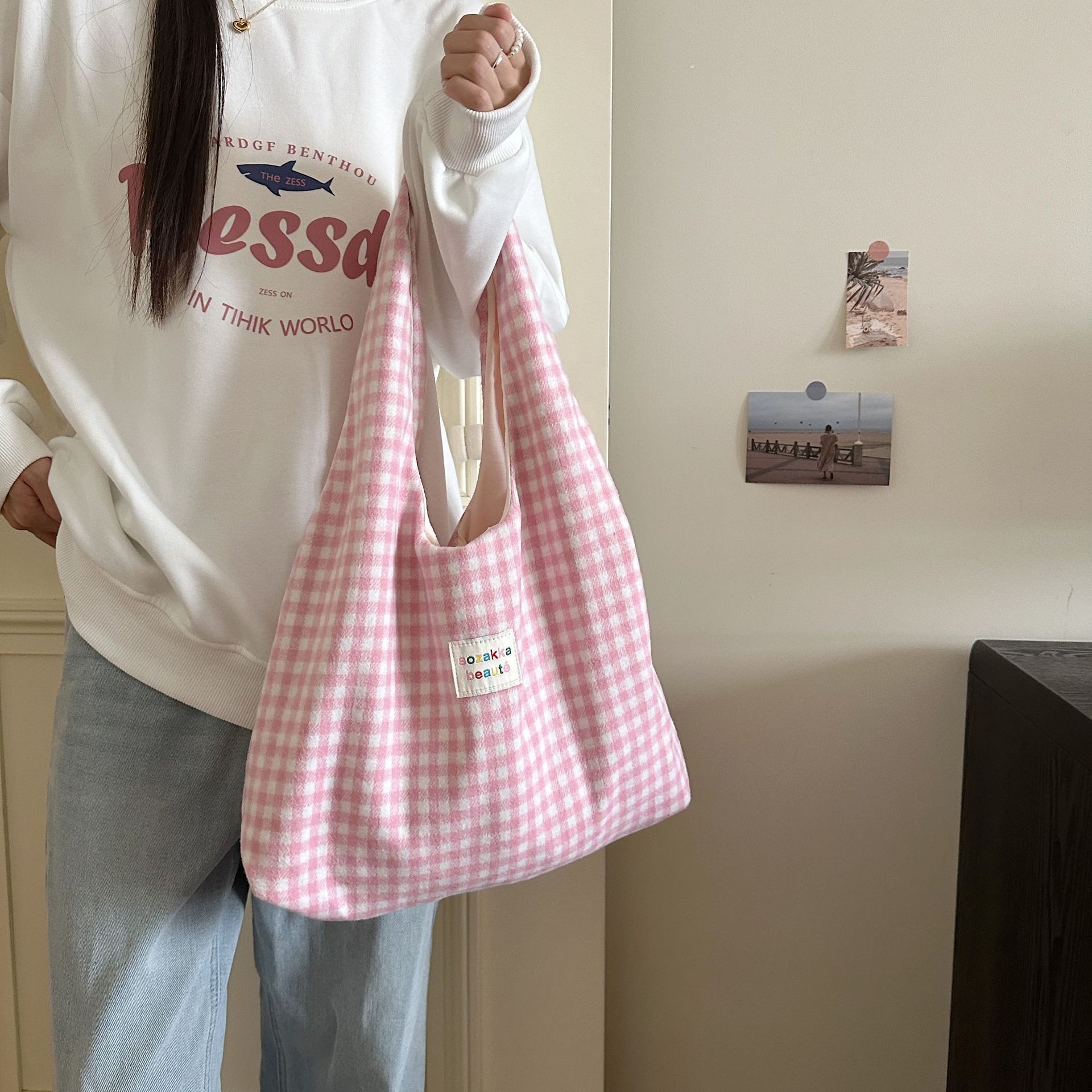 Pink Gingham Hobo Tote Bag Large Capacity Casual Shoulder Purse_voghion.com