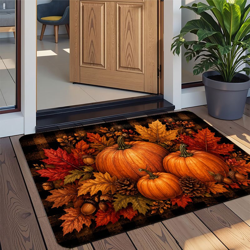 TEMU 1pc Pumpkin Maple Leaf Pattern Printed Doormat, Made Of Flannel, Antislip, Soft, Comfortable And Easy To Clean, Suitable For Porch Entrance,