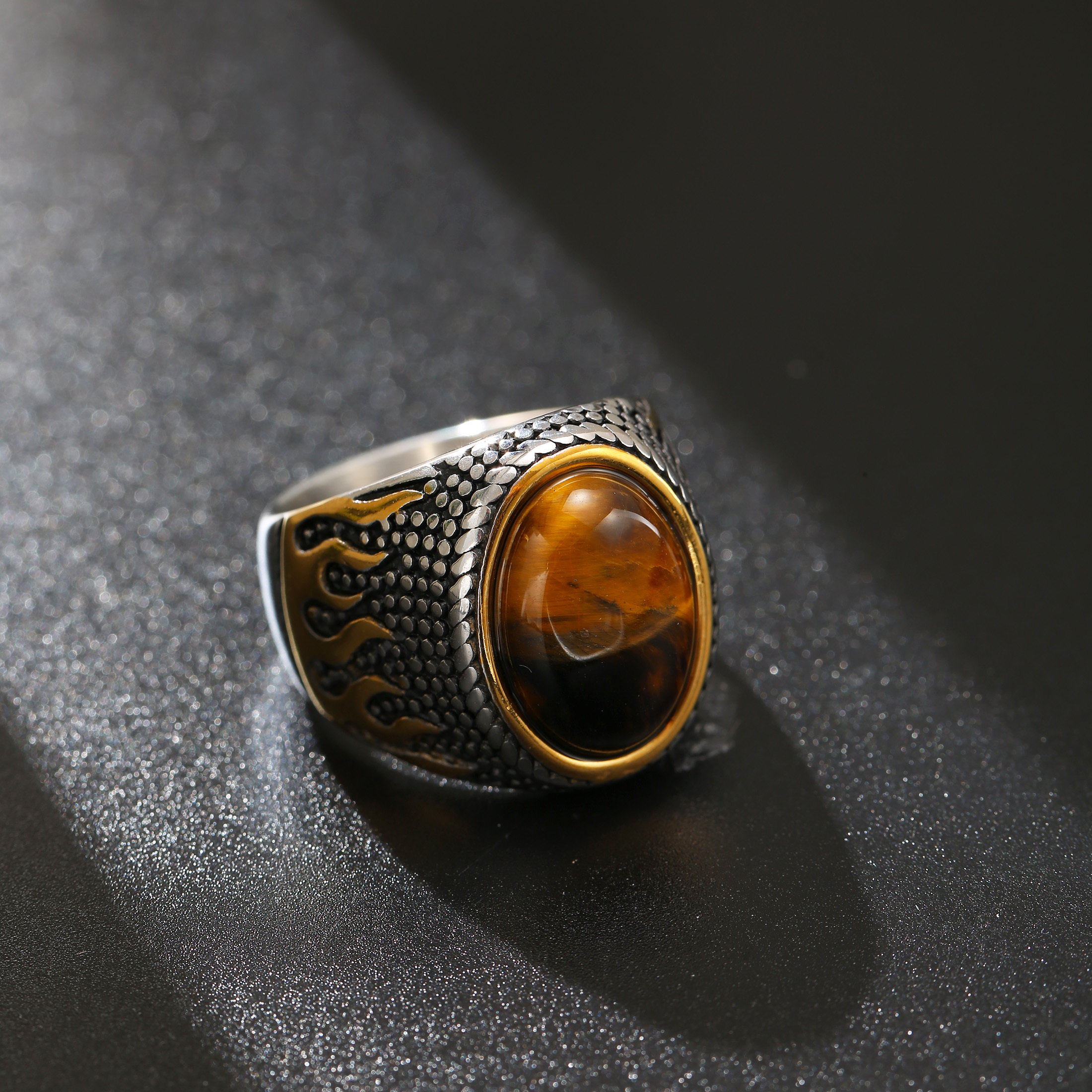 Image of Eye Flame Pattern 304l 304l Stainless Ring For Men, Trendy Fashion Style Wide Band, Retro Streetwear Accessory, Without Battery