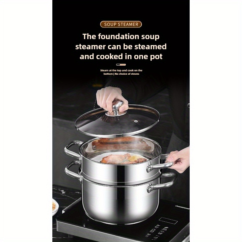 1pc stainless steel steamer pot with dual layer steamer basket 8 6in multi purpose induction cooktop and gas stove compatible thickened household soup pot for cooking deep frying hot pot kitchen cooking tools details 0