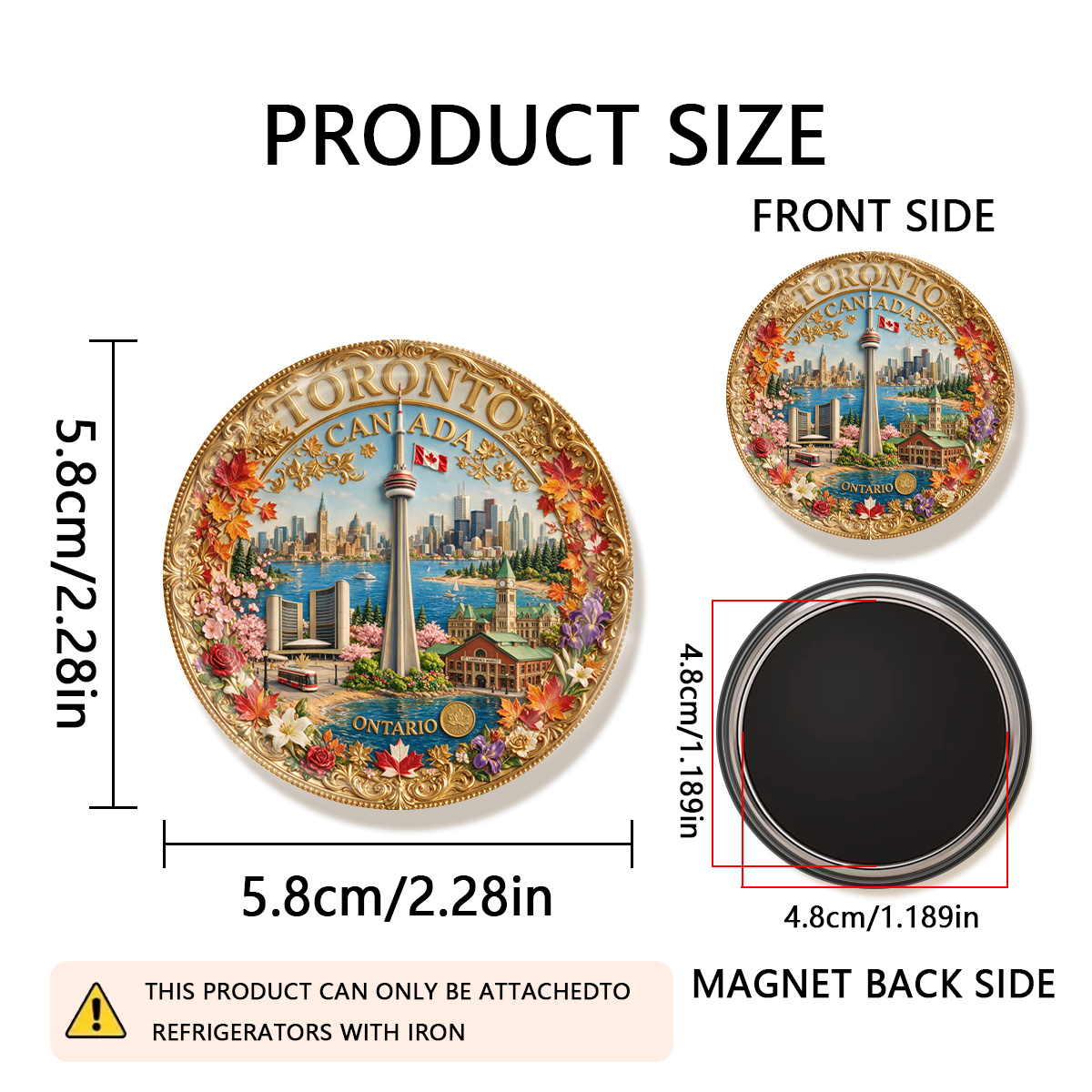TEMU 1 pièce Aimant de réfrigérateur rond et durable 2D plat TORONTO CANADA , convient pour fixer des photos, cartes postales, etc. au réfrigérateur,