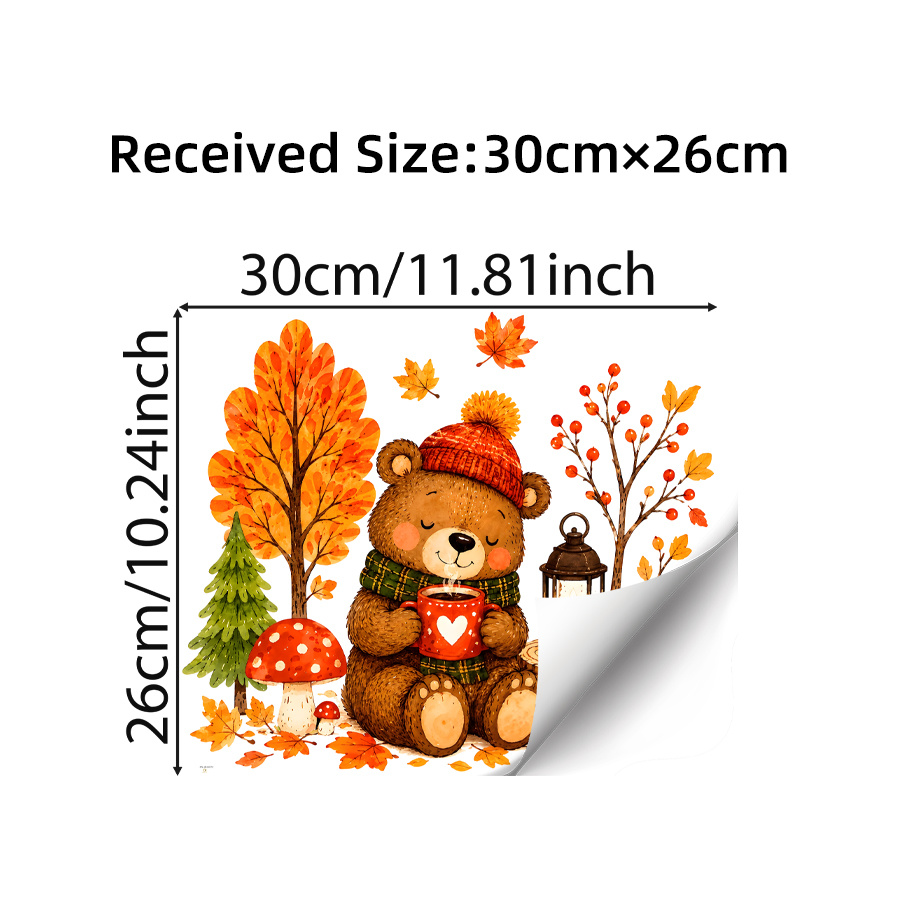 TEMU 1pc Autumn Fall Window Cling For Kids Room Decor, Teddy Bear With Coffee Cup Static Window Decal, Reusable Removable Fall Wall Sticker For