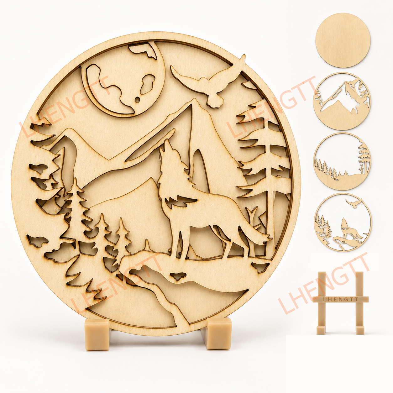 TEMU LHENGTT Plaque de décoration en bois 3D colorable, peinture de de montagne de loup à 4 couches avec support d'affichage, artisanat d'art en bois