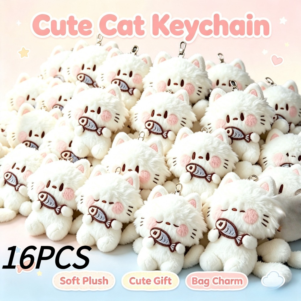 TEMU 16pcs Cute Cat Keychains Random Style, Cartoon Kitty Key Ring Charms, Bag Purse Backpack Pendant Accessories, Party Favors Gift