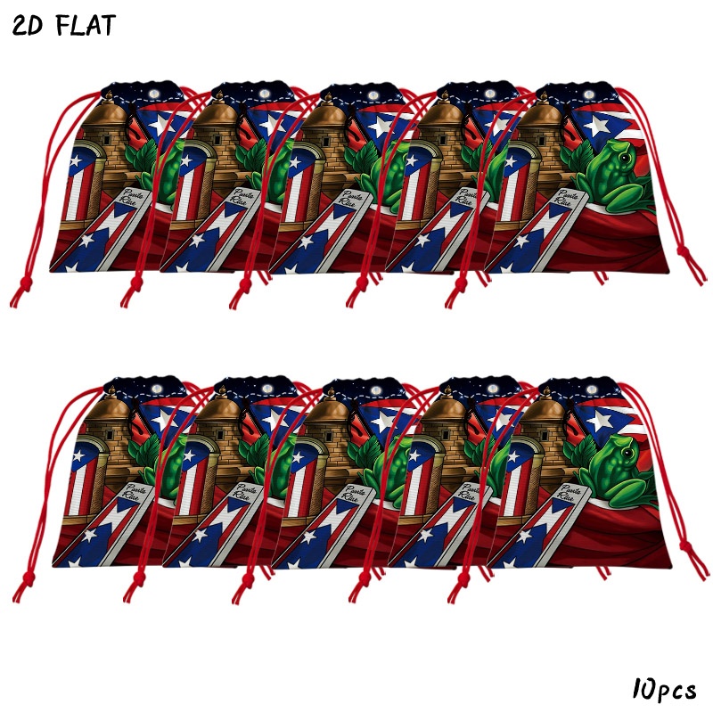 TEMU 2d Printed Drawstring Gift Bags Featuring Puerto Rican , Set Of 10 Reusable Storage Bags With Patriotic-themed Patterns, Suitable For Holiday