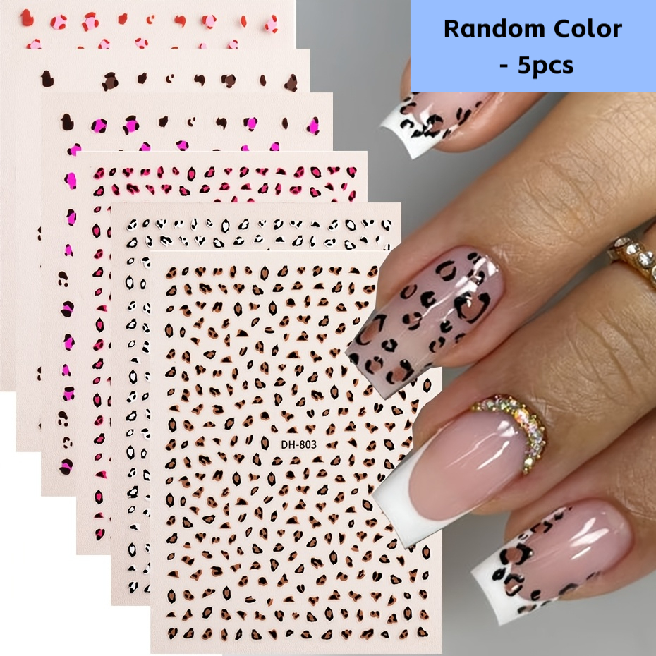 Image of 5pcs Leopard Print Nail Art Stickers - Cute Cartoon Design, Easy To Apply, Shiny Finish, , Ideal Gift For Christmas, Halloween, New Year, And Birthdays, Nail Art Supplies