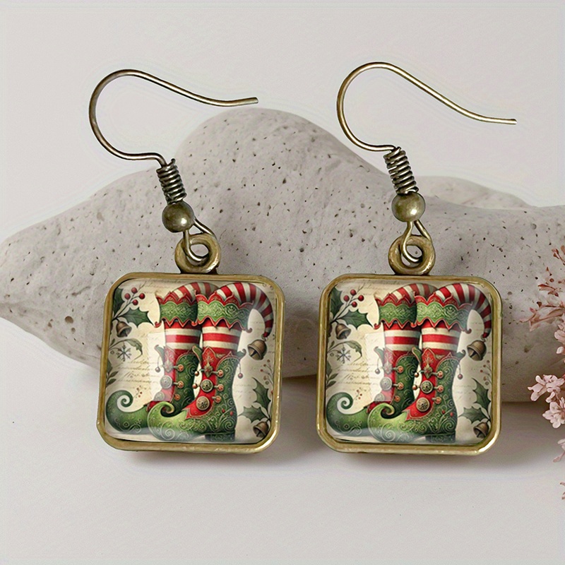 TEMU 1 Pair Elf's Boots Square Earring Retro Glass Dangle Earrings Handmade Jewelry Gift