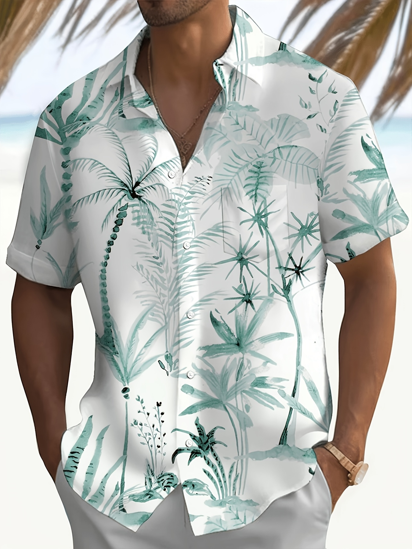 Men'S Hawaiian Shirt - Tropical Palm Tree Print Button Beach Shirt, Lightweight Non-Stretch Fabric for Vacation, Poolside And Formal Occasions - Machine Washable Menswear