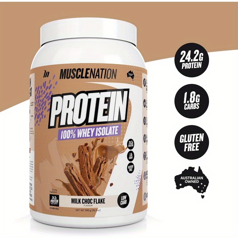 Muscle Nation 100% Whey Protein Isolate 30 Servings (990g) - Milk Chocolate Flavor, 23.4g Protein & 6.5g BCAAs per Serving, Low Lactose & Gluten-Free for Muscle Recovery, Smoothies, On-the-Go Snacks, Muscle Growth Supplement | Sleek Container | Highquality Protein