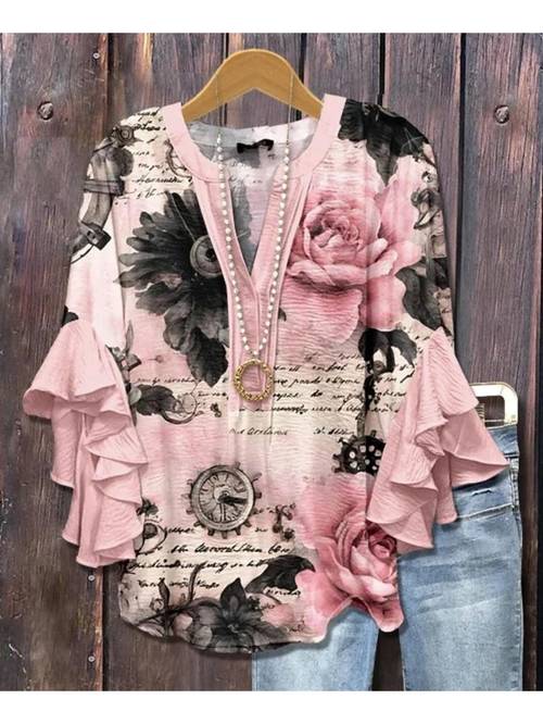 elegant ladies elegant v neck top lotus leaf cuff asymmetrical and black floral print shirt casual friendly t shirt lotus leaf bubble sleeves