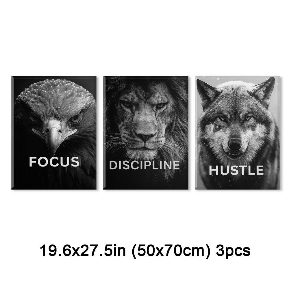 TEMU 3pcs Framed Arts Suitable For Living Room, Bedroom - Discipline & Hustle Motivational Animal Strength Art Prints, Modern Minimalist Framed