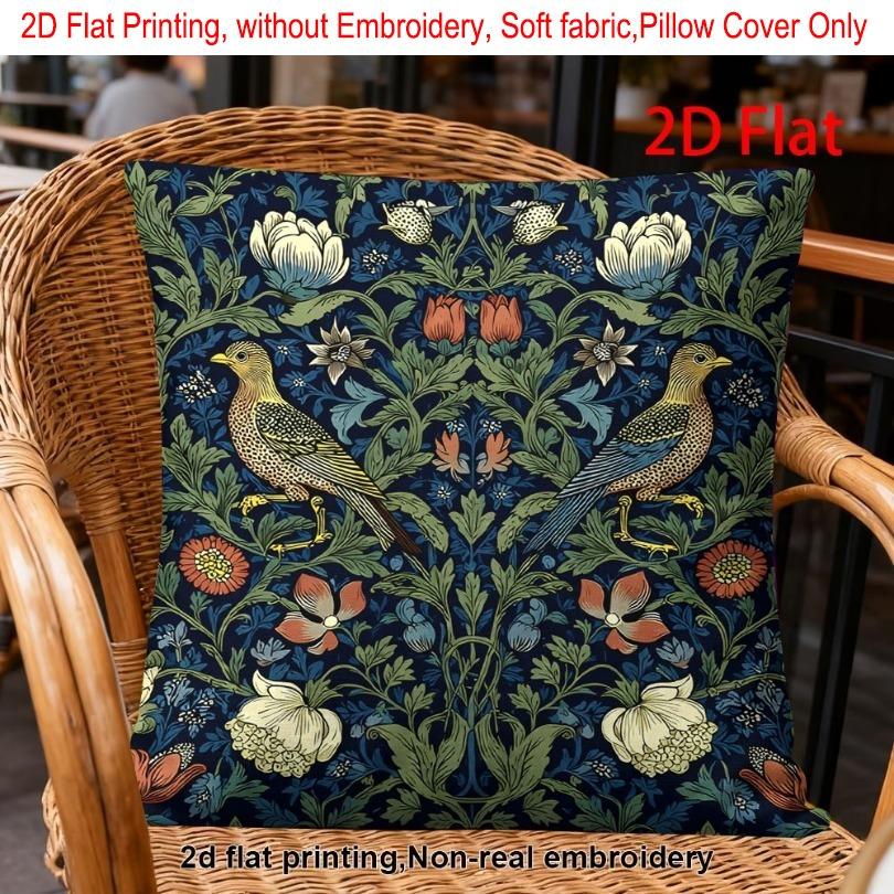 TEMU 1pc, 2d Flat Printing, William Flower & Bird Printed Pillow Cover, Victorian Plant Pattern, Single-sided Printing, Without Embroidery, Pillow