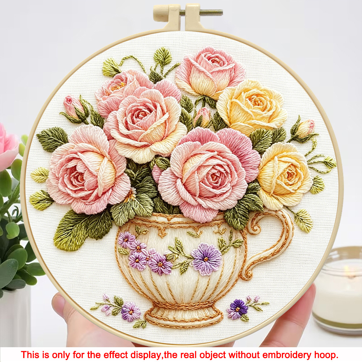 TEMU 1 Set Printed Embroidery Kit, Rose Cup, Themed Pattern Handcraft Embroidery Kit, Suitable For Embroidery Enthusiasts And Adult Beginners,