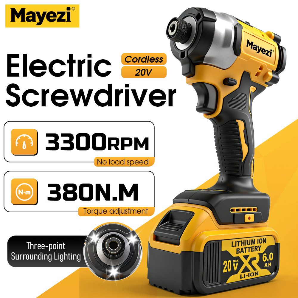 mayezi cordless electric screwdriver 3300rpm speed 2800rpm impact frequency 380n torque with surrounding lighting 20v compatible with dewalt battery tool