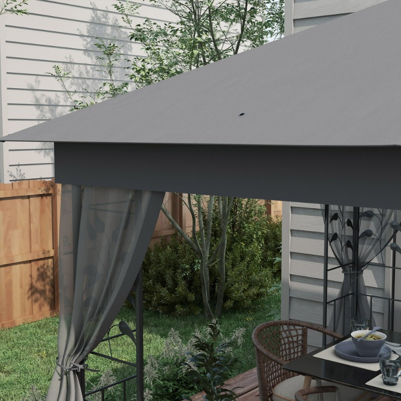 10' x 11.5' Gray Metal Gazebo with Double Roof, Tree Motif Frame and Netting, Durable Outdoor Canopy Shelter for Garden, Lawn, Backyard or Deck.