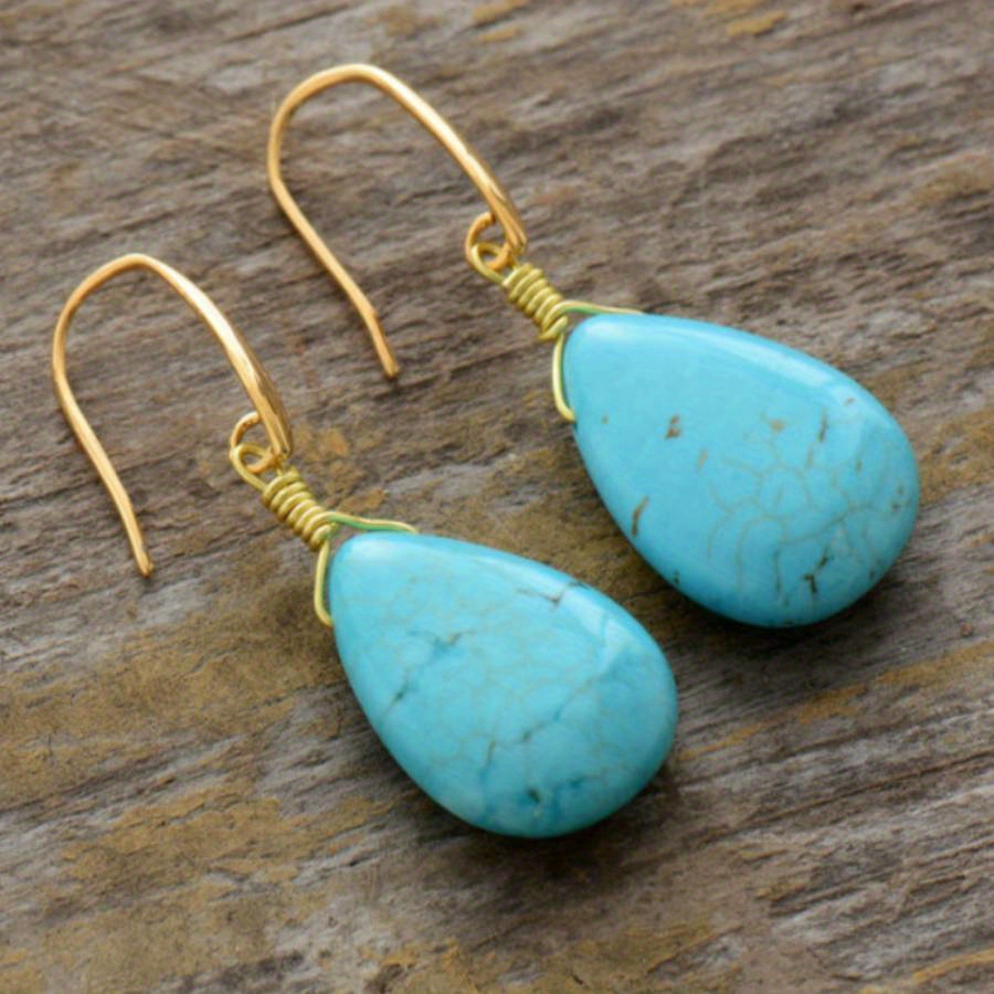 TEMU A Pair Of Handmade Natural Stone Teardrop Earrings, Turquoise Teardrop Earrings, A Holiday Gift For Men, Women's Accessories, Suitable For Daily