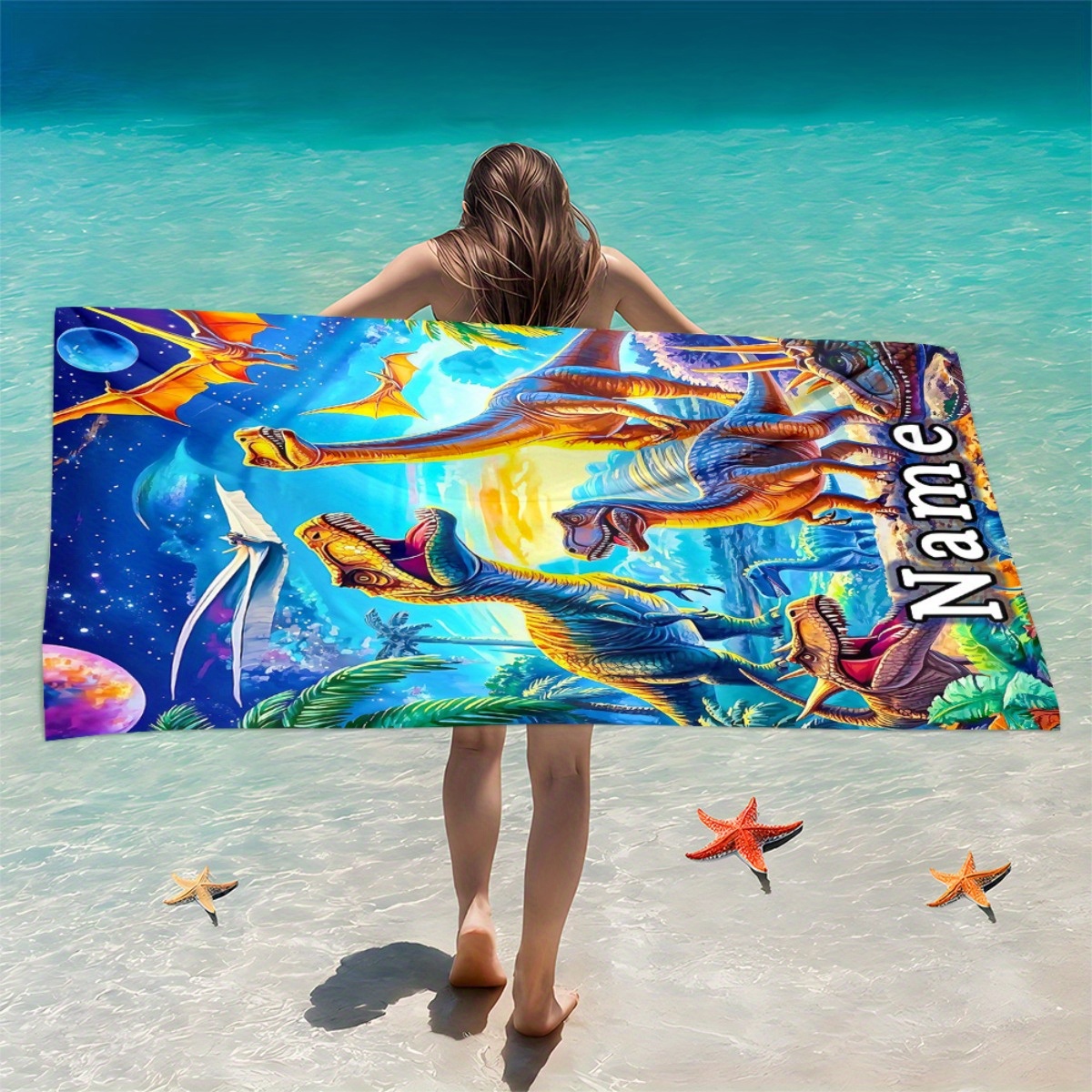 TEMU Custom Name Dinosaurs Under The Starry Towel - Soft, Ultra-absorbent Microfiber, Lightweight, Beach, Parties, Travel, Camping - 55x27n/63x478in,