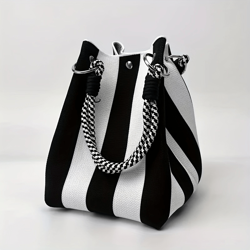 TEMU 1pc Korean Style Lightweight Handbag, Striped Checkered Contrast Small Bag, , Vacation Shopping Travel All-match Fashion Portable Purse