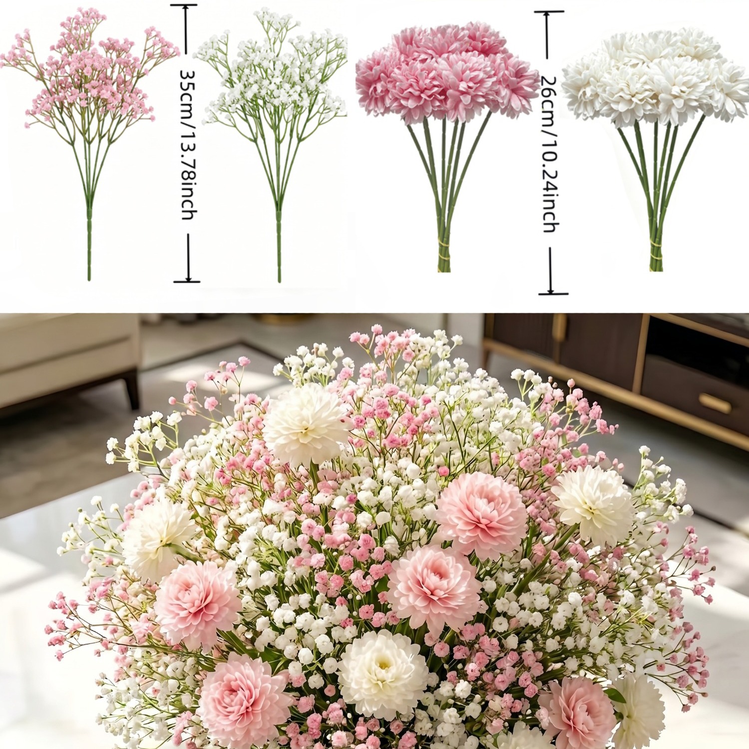 TEMU 24pcs Set Of Low- Pink And White Artificial Flowers | High-end Home Floral Arrangement - Suitable For Indoor Home Decor, With Weddings,