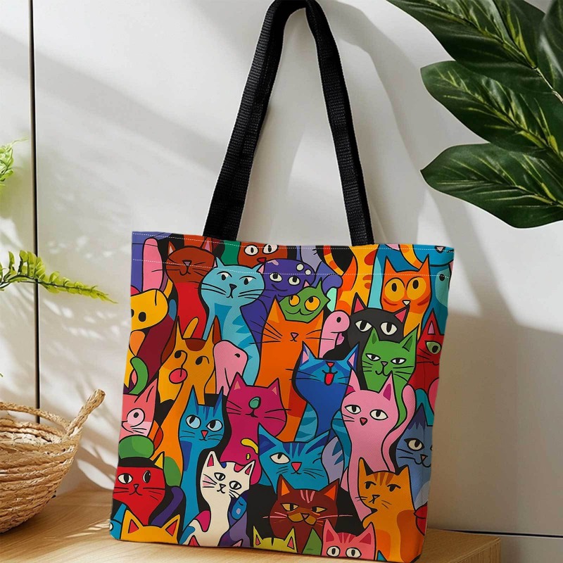 TEMU Double-sided Reusable Shopping Tote Bag Featuring Colorful Cats In Poses, Designed In A Fun And Artistic Style. This Lightweight, Foldable, And