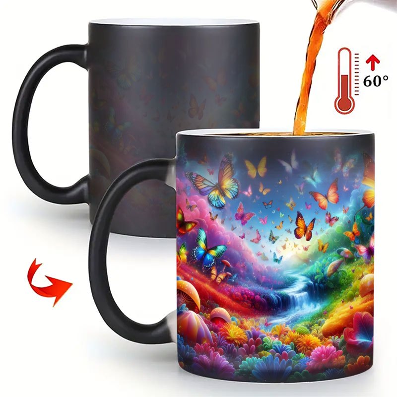 Image of 1pc Magical Heat-reactive Color Changing Mug, Ceramic Coffee Cup Reveals A Vibrant Fantasy Garden, Novelty Gift For Tea & Lovers, Heat Sensitive Mug For , Fun Drinkware