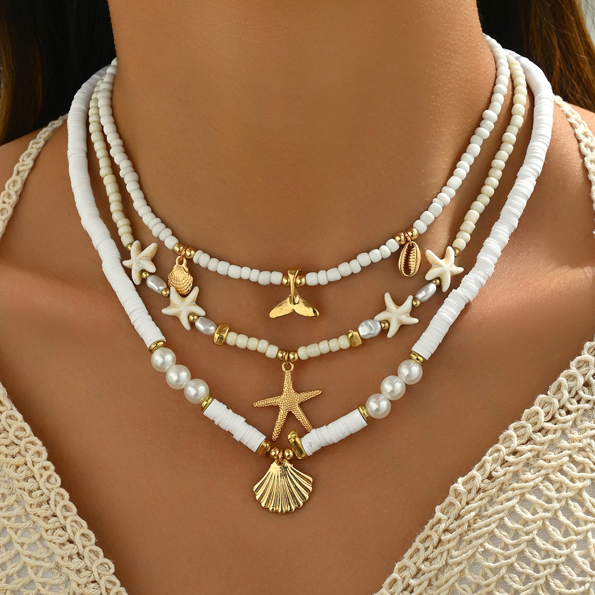 3 necklaces 2 bracelets womens bohemian soft clay bead adjustable necklace elastic bracelet alloy   and fishtail elements for daily and vacation wear
