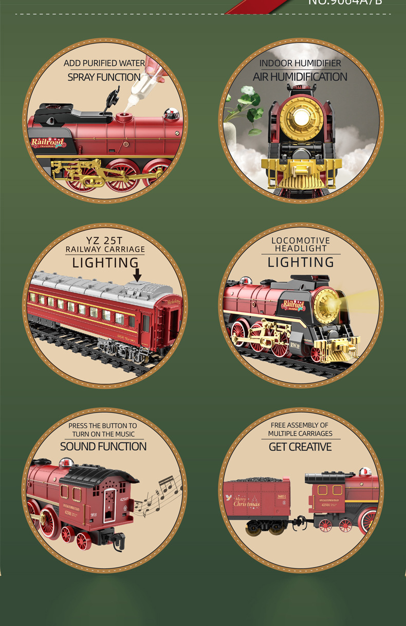 The 9064B-1 steam-powered remote-control Christmas train set comes with a remote control, lights, sound effects, and exquisite tracks. It is suitable for children aged 3 to 8 and above.