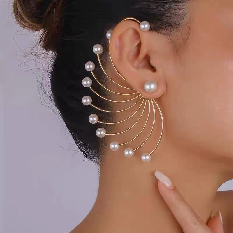 

2pcs Elegant Fan-shaped Large Earrings For Women, Stainless Steel With Artificial Pearls, For And Parties, Exaggerated, Geometric, Personality