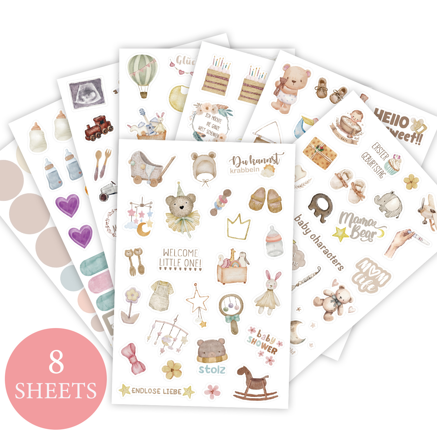 8sheets/250+ Stickers - Baby Scrapbooking & First Year Planner Stickers - Maternity & Newborn Themed Decals For Scrapbooking - Includes Baby Shower, Birthday, And Milestone Designs