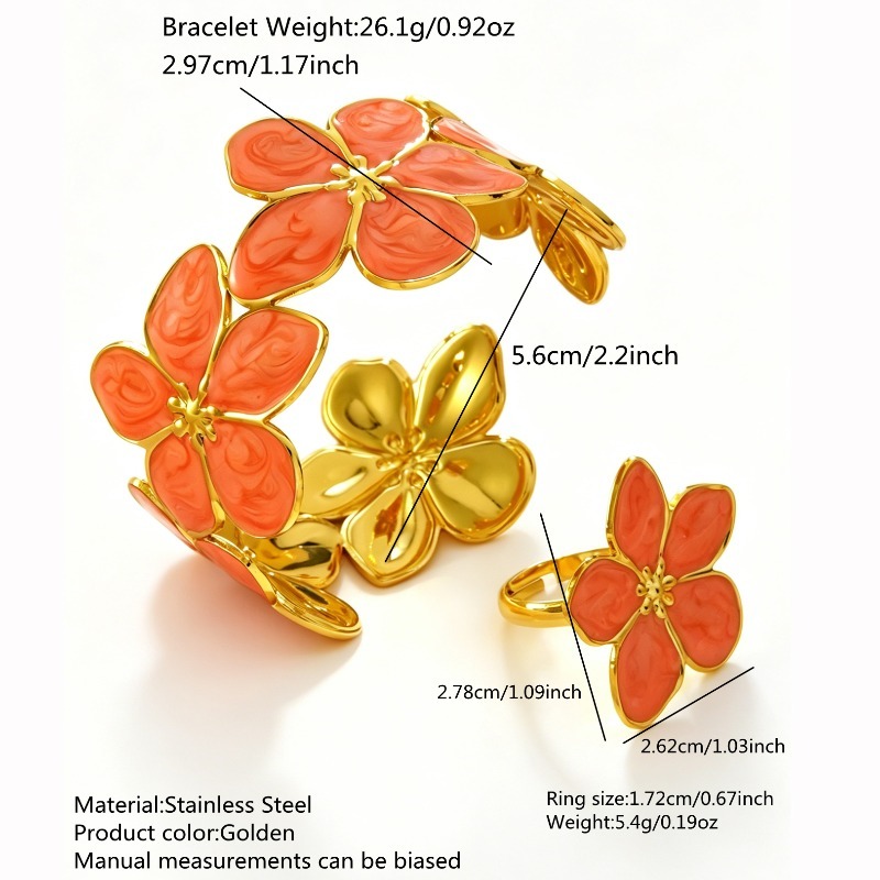 TEMU 2pcs Stylish And Elegant Floral Enamel Stainless Steel Adjustable And Bracelet Set, Suitable For Daily Wear, Vacations, Dates, Parties, And