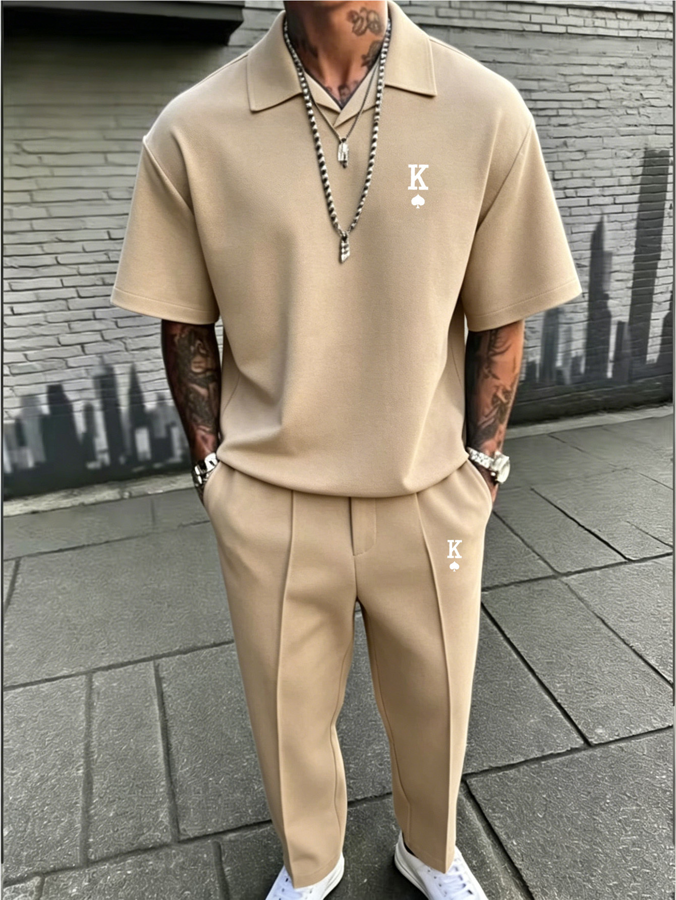 Ensemble Polo Oversize & Pantalon Slim Homme Ensemble Streetwear Adolescente, Polo à Col Cubain Oversize et Pantalon Slim-Fit, Tenue Chic Minimaliste pour Occasions Décontractées et Smart Casual, pour l