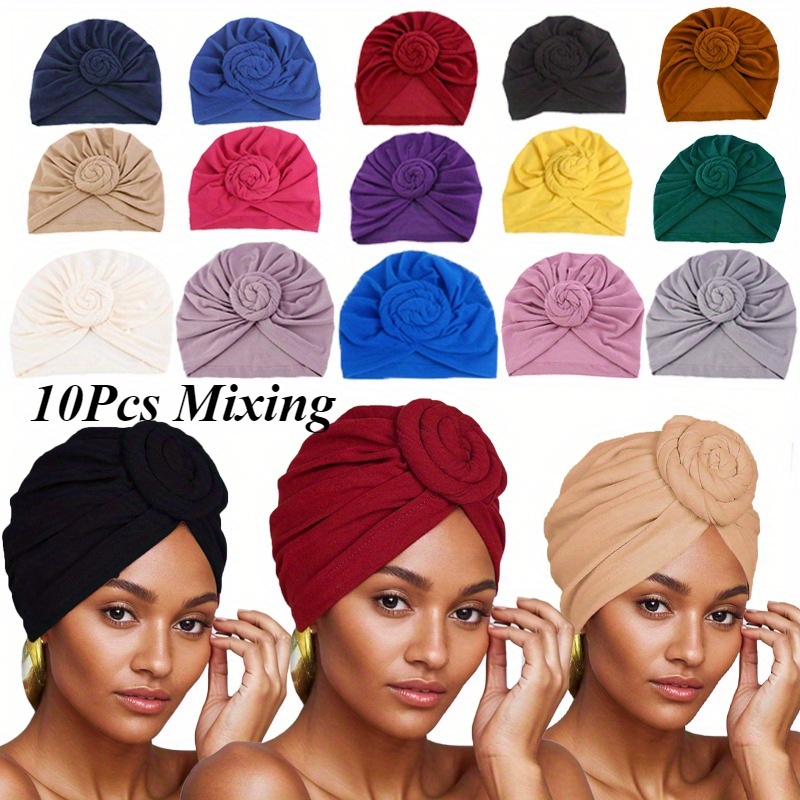 TEMU 10pcs/ Pack African Style Solid Color Knotted Women's Brimless Hat, Comfortable And Elastic Indian Hair Scarf Hat, Accessory Gift For Women