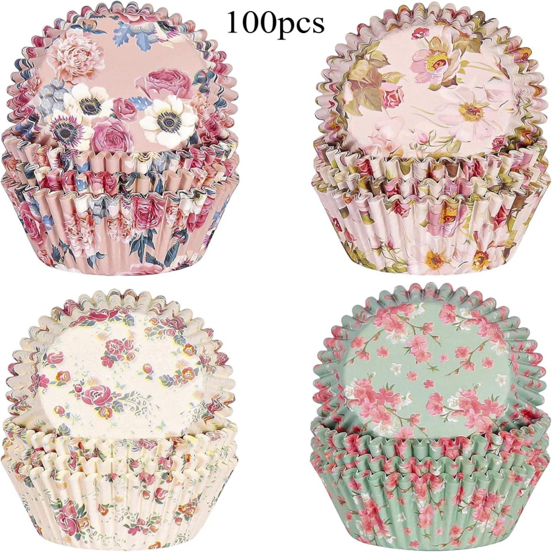 E-shop 100/200 Stück Papier Cupcake Förmchen, Muffin Förmchen zum Backen, Maße 5*3 cm, Sortiert in 4 Stilen, Geeignet für Feiern wie Muttertag,
